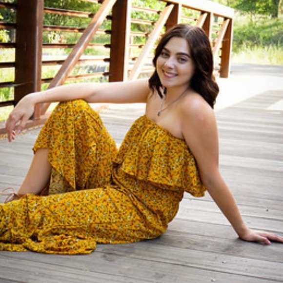 Umgee Mustard Yellow Off Shoulder Ruffled Floral Jumpsuit, Women’s Sz S - Picture 6 of 7